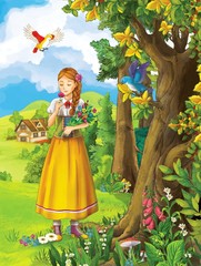 Obraz na płótnie Canvas Cartoon scene of girl on the meadow gathering flowers and smelling them - illustration for children