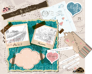 Fototapeta na wymiar scrapbooking set with stamps and photo frames.