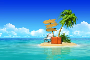 Fotobehang Tropical island with chaise lounge, suitcase, wooden signpost, p © sellingpix