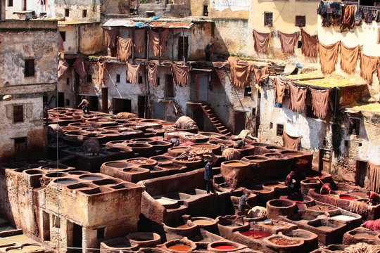 Old tanks of the Fez's tanneries with color paint for leather