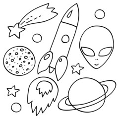 Space elements set in black and white: ship, planets, vector