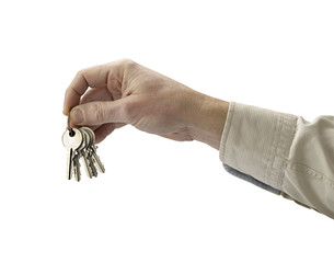 Human hands and key isolated on white background