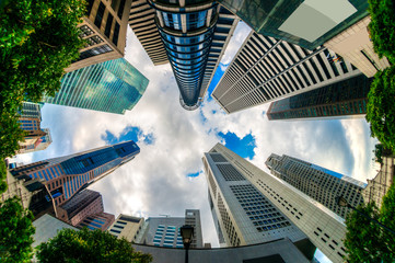 Fish-eye view of Singapore city skyline. - obrazy, fototapety, plakaty