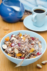 Chocolate granola with nuts, dried fruit and milk