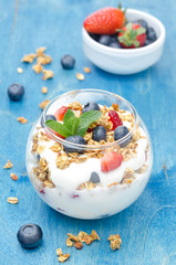 layered dessert with yogurt, granola and fresh berries