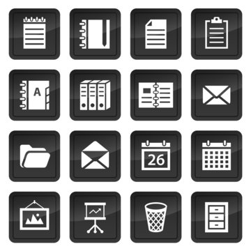Office and document icons with black buttons with shadow