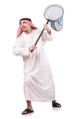 Arab businessman with catching net on white