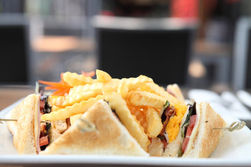 Club sandwich with on wood background