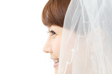 Beautiful asian woman dressed as a bride on white background