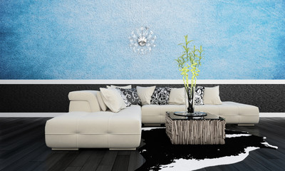 Modern white couch in front of wall | 3d interior