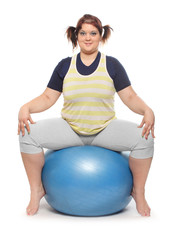 Overweight woman exercising on a white background.
