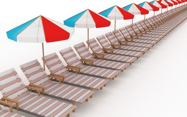 row from many deck-chairs with parasols on a white