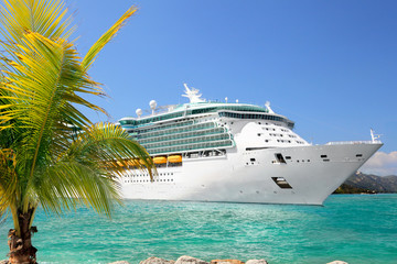 Luxury Cruise Ship Sailing from Port - obrazy, fototapety, plakaty