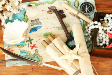 map of treasures on wooden background