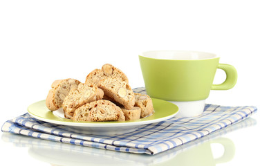 Aromatic cookies cantuccini and cup of coffee isolated on white