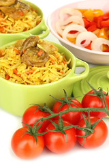 Delicious pilaf with vegetables close up