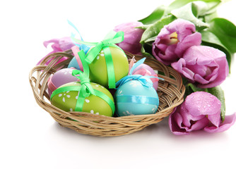 Bright easter eggs in basket and tulips, isolated on white