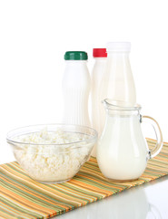 Dairy products on napkin isolated on white