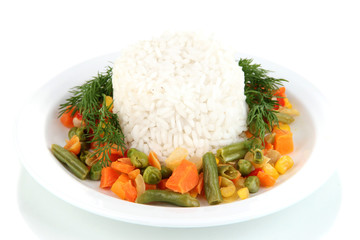 Delicious risotto with vegetables isolated on white