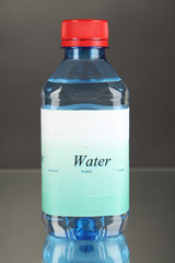 Water bottle with label on grey background