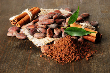 Cocoa beans, cocoa powder and spices on wooden background
