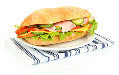 Fresh and tasty sandwich with ham and vegetables isolated