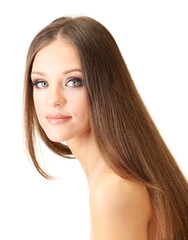 Naklejka premium Portrait of beautiful woman with long hair, isolated on white