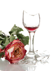 Broken wineglass with dry rose isolated on white