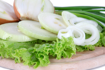 Composition with herbs and onions isolated on white