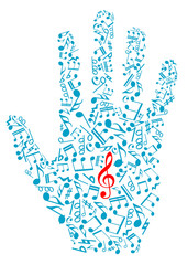 Human hand with musical notes and elements