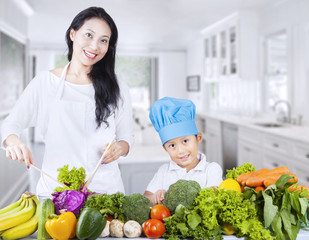 Asian family and healthy vegetable