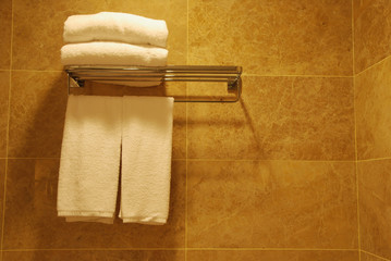 towel and shelf in a bath room