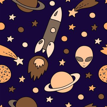 Cartoon outer space elements seamless pattern on dark, vector
