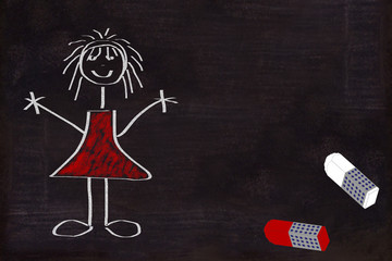 Kreidetafel, Schultafel mit Schrichmännchen und Kreide