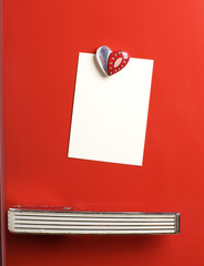 Blank note on red fifties fridge-door, heart shaped-magnet, copy