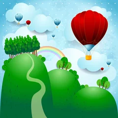 Foto auf Acrylglas Waldtiere Landschaft mit Luftballons, Fantasieillustration