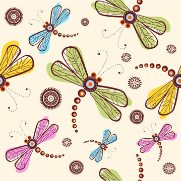Seamless pattern with dragonfly and flower