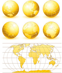 Collection of gold globe with world map silhouette