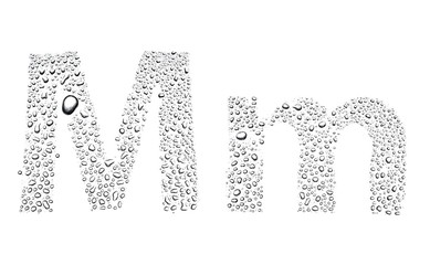 Water drops alphabet letter m, isolated white