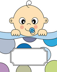 child sleeping.Baby boy arrival announcement card.