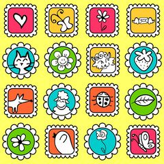 Cute colorful stamps with various drawings