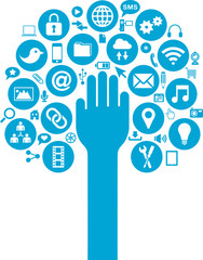 Social Media and Business icons with hand over