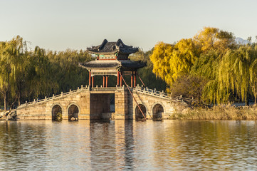 Willow bridge at Xidi of Summer Palace in autumn, Beijing
