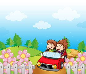 Obraz na płótnie Canvas Czerwony samochód z młoda dziewczyna i chłopak