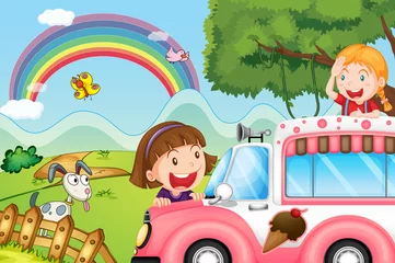 Wall murals Rainbow The pink icecream bus and the two happy girls