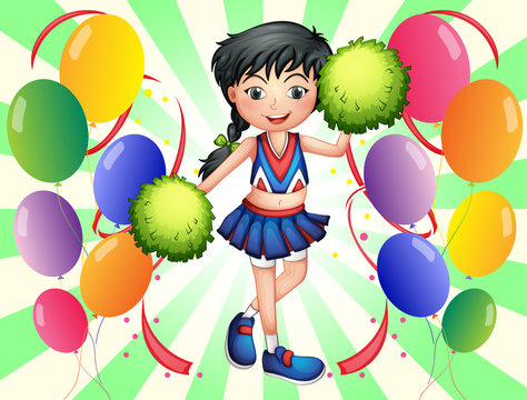 A cheerleader surrounded with balloons