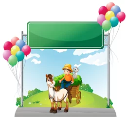 Stickers pour porte Ferme Un agriculteur à cheval avec sa charrette sous le plateau vide