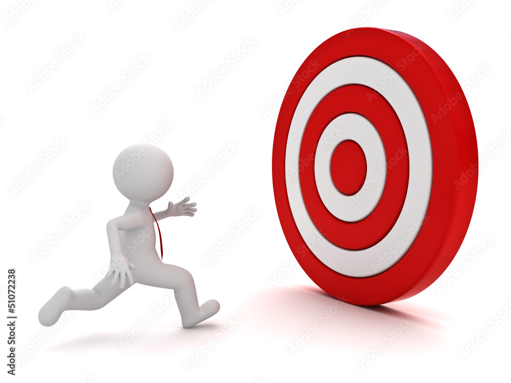 Poster 3d man running to the red target over white background