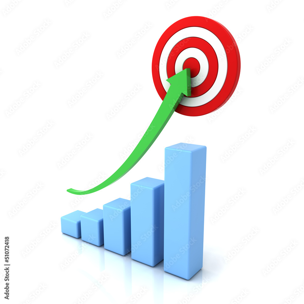 Poster business graph with green rising arrow and red target