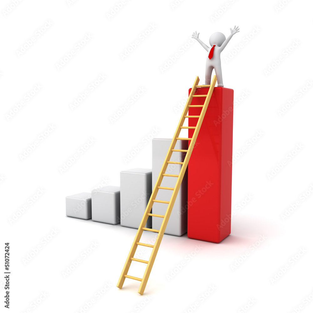 Poster success concept 3d man standing on top of graph with ladder